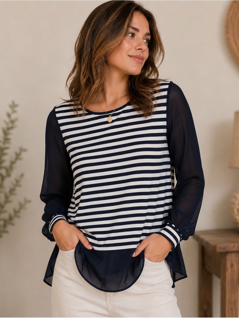 Vince Camuto Striped Blouse Small | Navy White Sheer Sleeve Top Chic Parisian